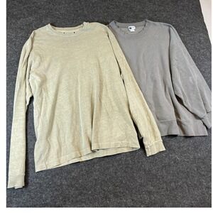 Lot of 2 Vintage Blank Sweatshirt and Long Sleeve Tee Tan Grey Cotton Mens L